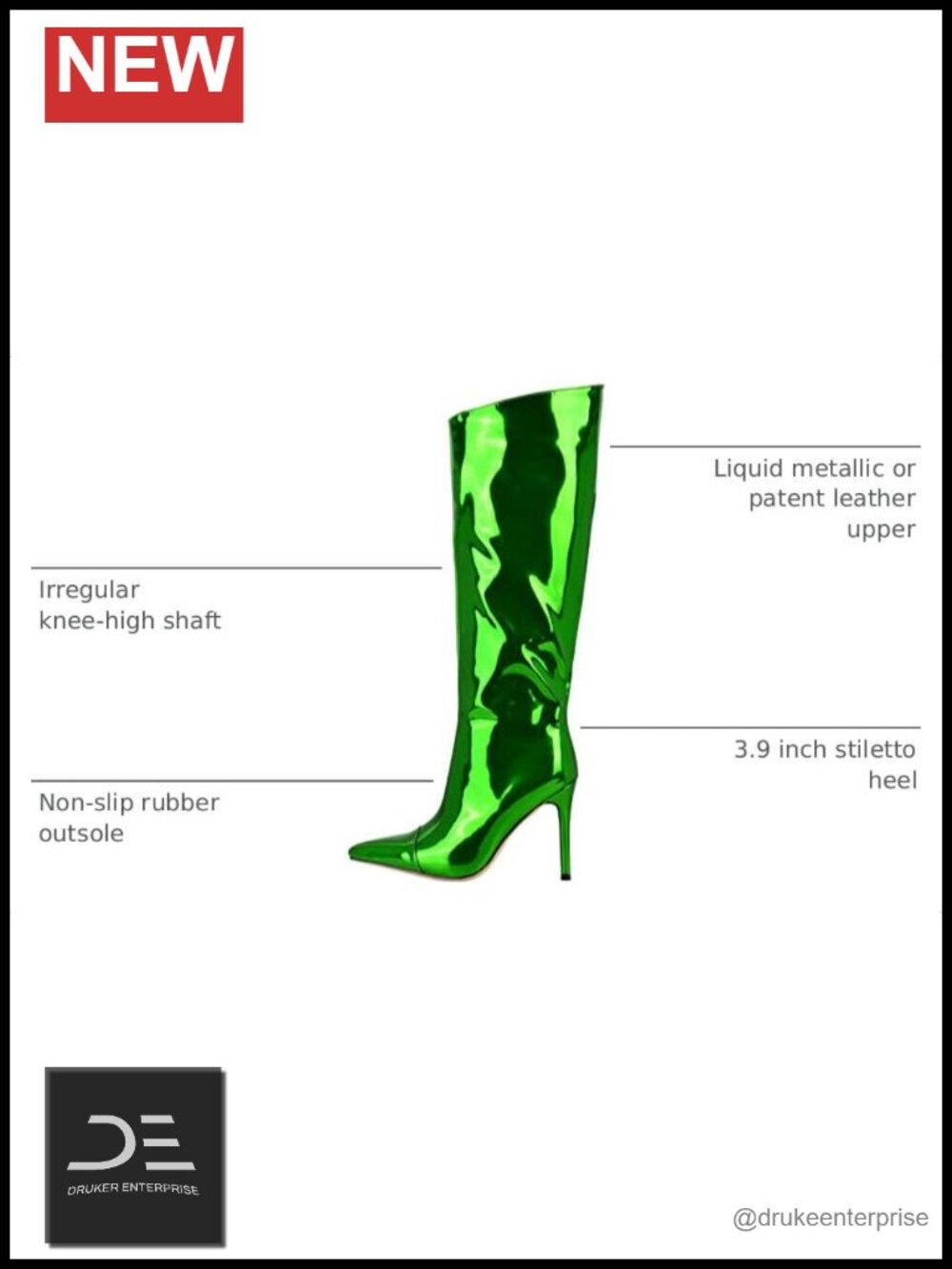Wide Calf Knee High Boots Women Stiletto Heel Metallic Leather Zipper - Picture 2 of 6